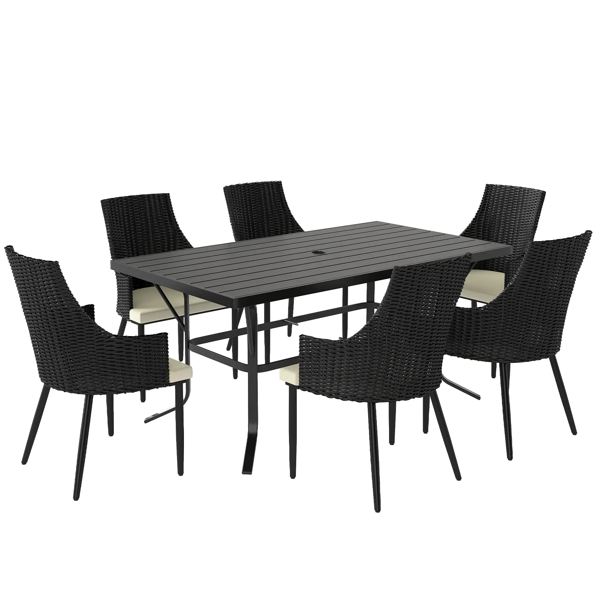 6 Seater Black & Cream White Rattan Dining Set with Cushions, Armchairs, Rectangle Slatted Table Top, Steel Frame, Parasol Hole, Wicker Outdoor Furniture for Patio