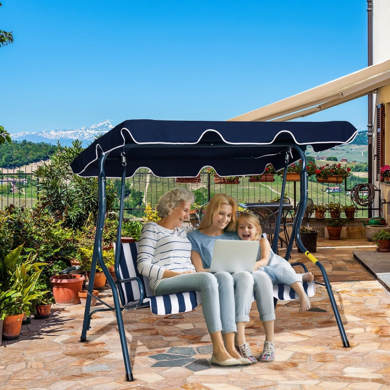 Blue Striped 3-Seater Outdoor Swing Chair with Adjustable Canopy