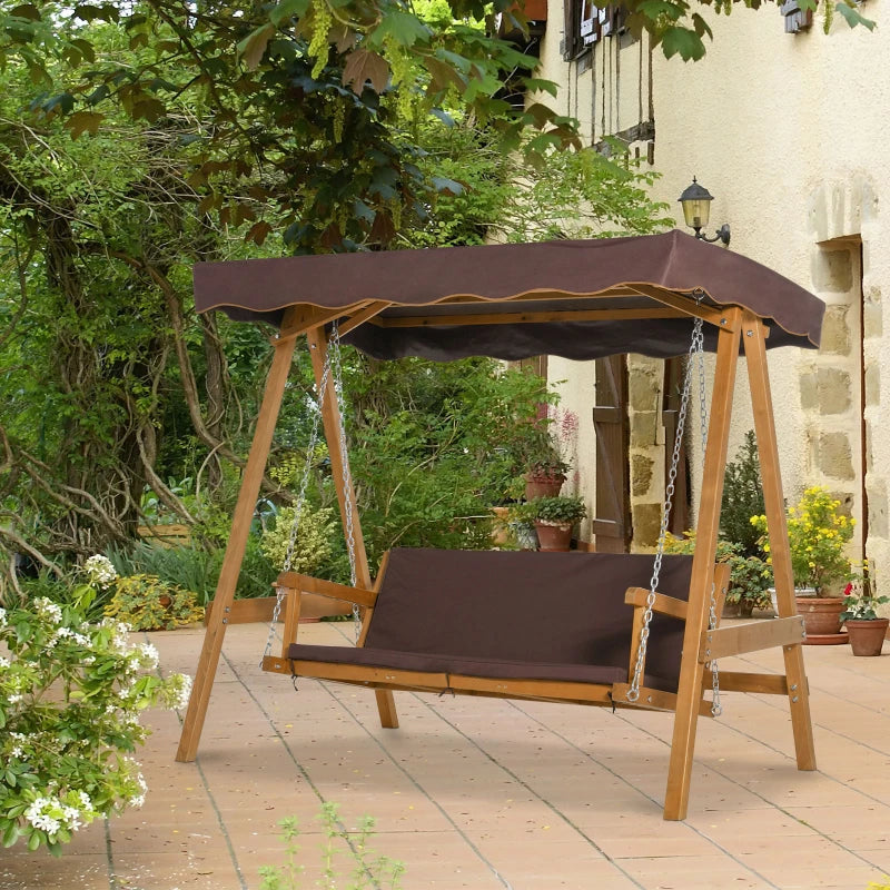 Brown 3-Seater Outdoor Swing Chair with Adjustable Canopy and Padded Cushions
