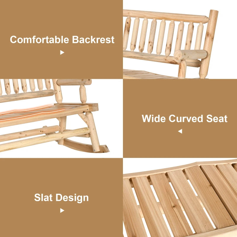 Natural Wood 2-Seater Rocking Bench Loveseat - Rustic Style