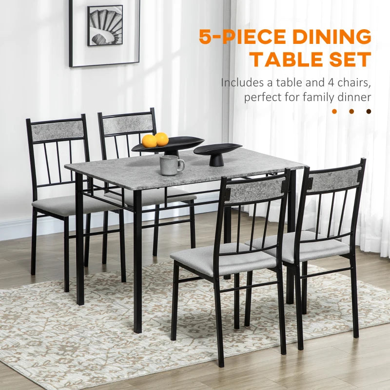 Elegant Five-Piece Grey and Black Marble Effect Dining Table Set for Modern Home Decor