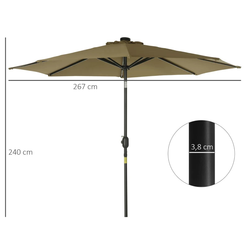 Brown 2.7m Patio Garden Umbrella with Tilt Crank and LED Lights