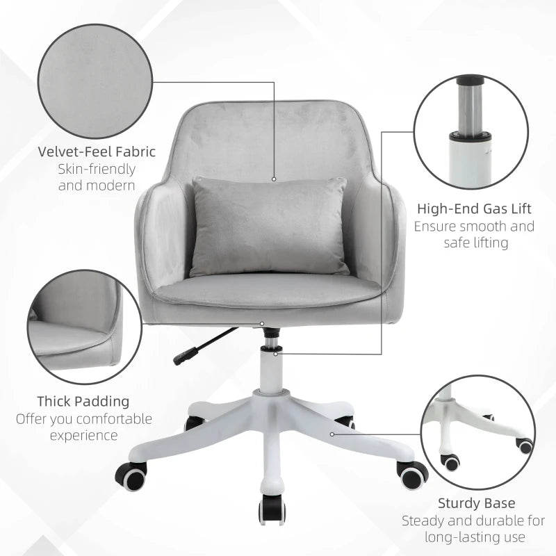 Vinsetto Grey Velvet Office Chair with Massage Lumbar Pillow, Rolling Wheels - Stylish Desk & Makeup Vanity Chair for Home