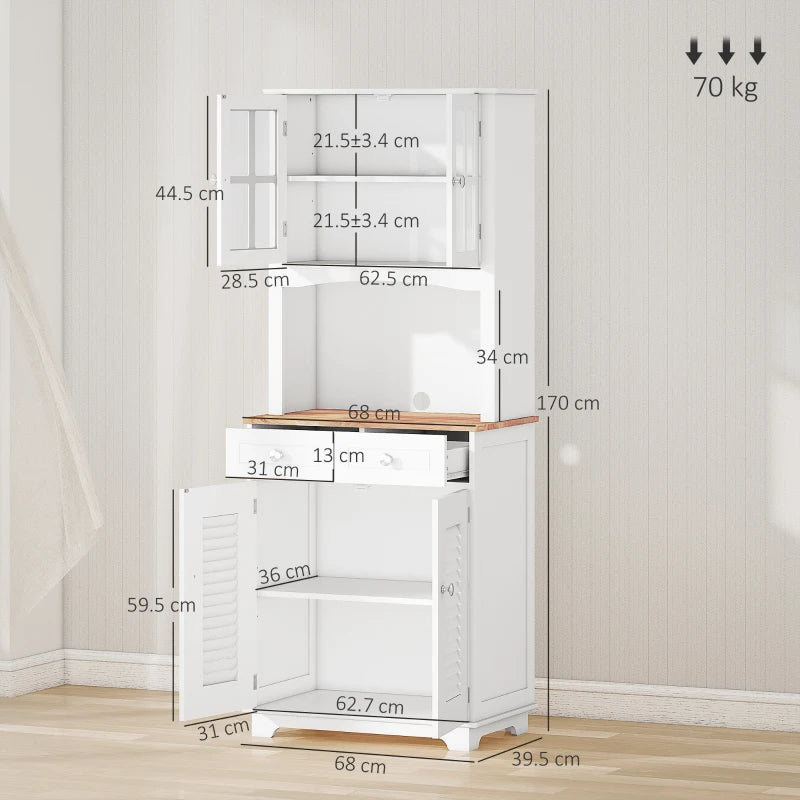 Modern Louvered Kitchen Cupboard - Stylish Storage Cabinet with Framed Glass Doors & 2 Drawers in White