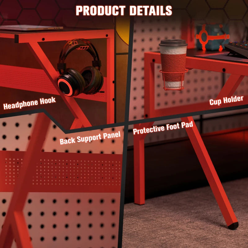 L-Shaped Gaming Desk for Home Office - Adjustable Monitor Stand, Cup Holder & Headphone Hook - 125x125x75cm, Red