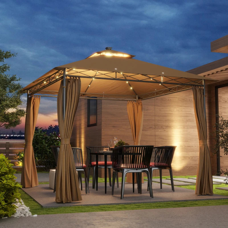 3 x 3 m Brown Garden Gazebo with Double Roof, Curtains & Solar-Powered LED Lights - Outdoor Canopy Shelter for Patio & Deck