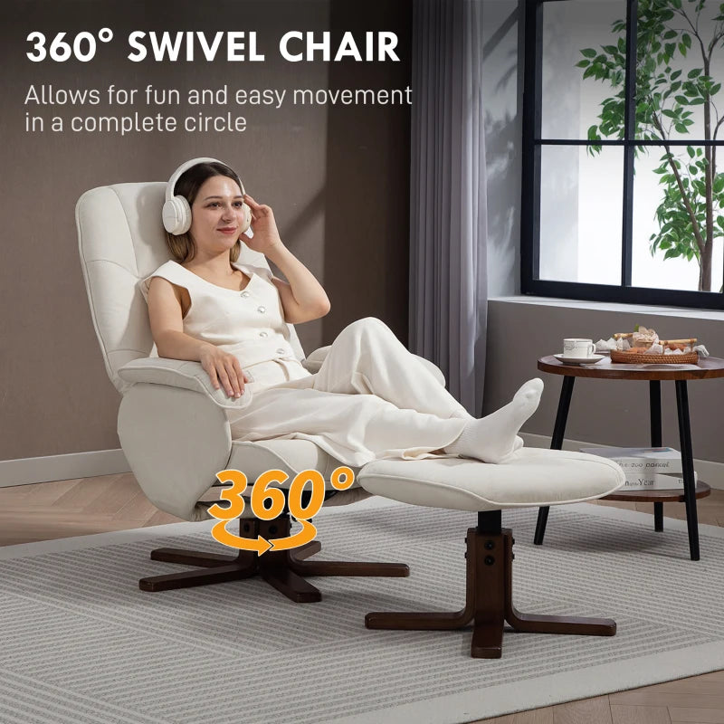 Linen Swivel Recliner Chair with Footstool Upholstered Reclining Armchair with Wooden Base for Living Room Beige