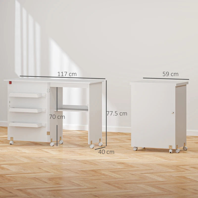 Folding Sewing Table with Drop Leaf & Storage Bins - Rolling Craft Table for Small Spaces, White Sewing Machine Cabinet