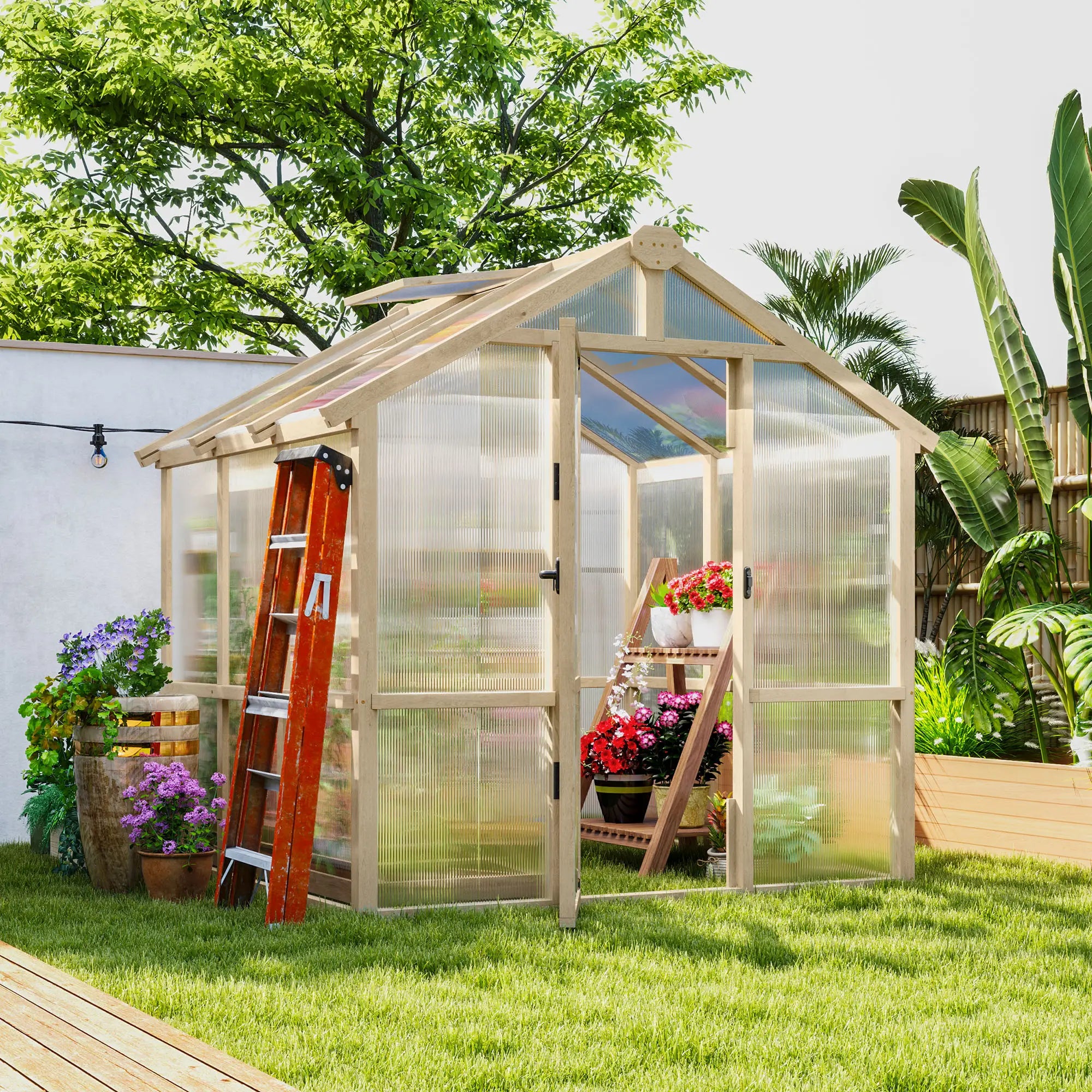 6.6ft x 6ft Polycarbonate Greenhouse - Walk-in Wooden Framed Greenhouse - Plants Grow House, Brown