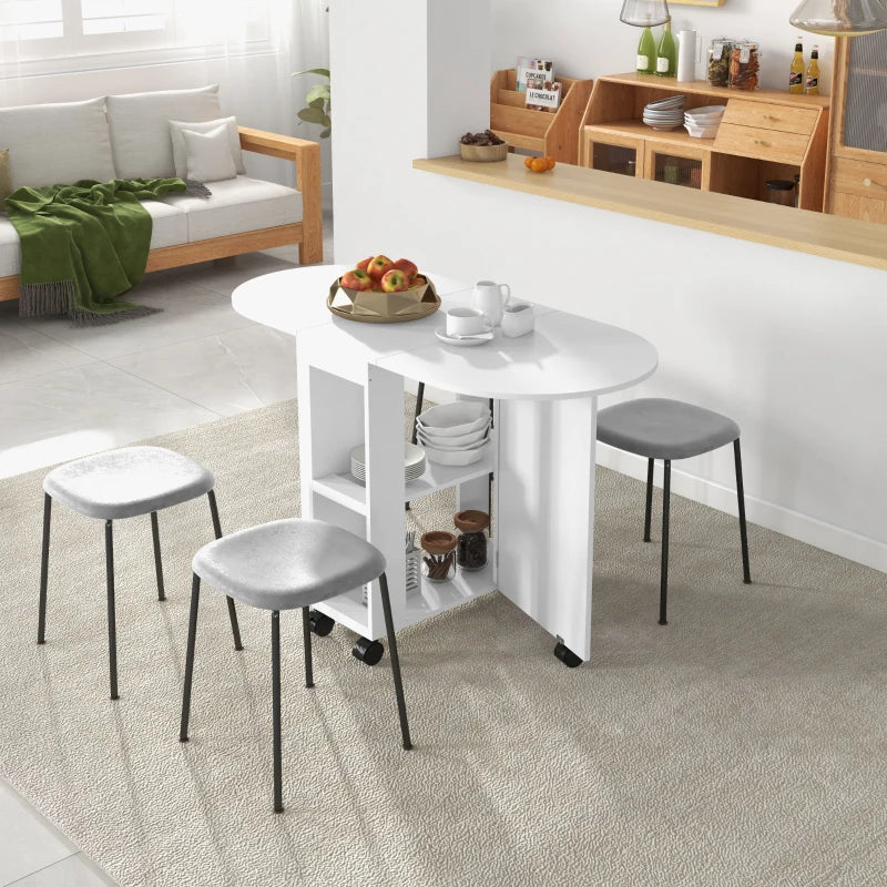 Versatile Four-Person Drop Leaf Dining Table on Wheels - Stylish White Finish for Space-Saving Dining Solutions