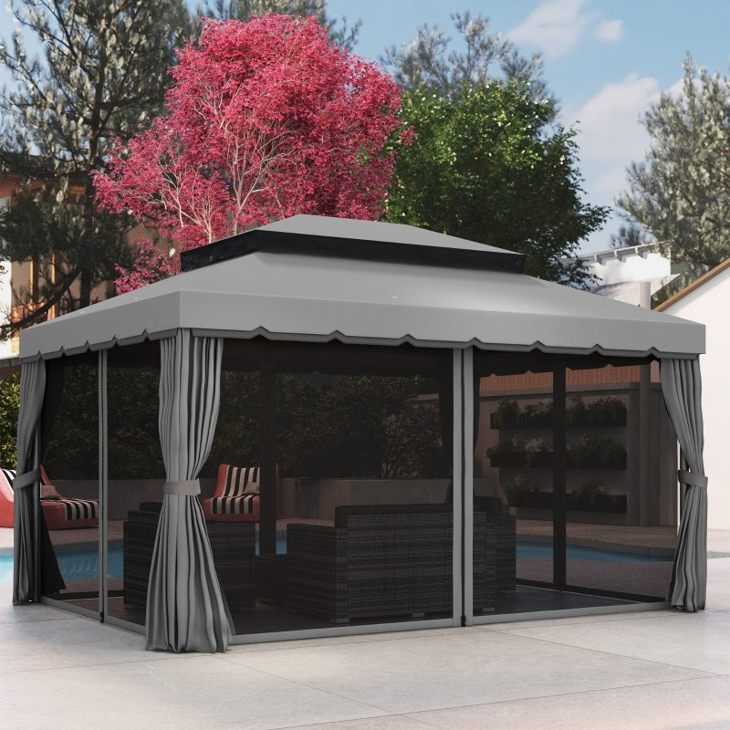 3 x 4m Light Grey Aluminium Garden Gazebo Canopy Shelter Pavilion Tent with Nets and Curtains for Outdoor Parties