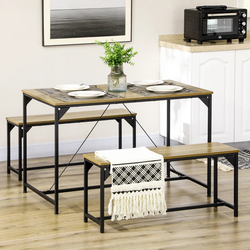 Natural Dining Table and Bench Set for 4 - Space Saving Kitchen Furniture with 2 Benches - Perfect for Dining Rooms
