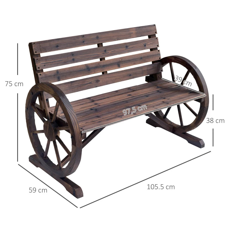 Rustic Brown 2-Seater Garden Bench with Wooden Cart Wagon Wheel