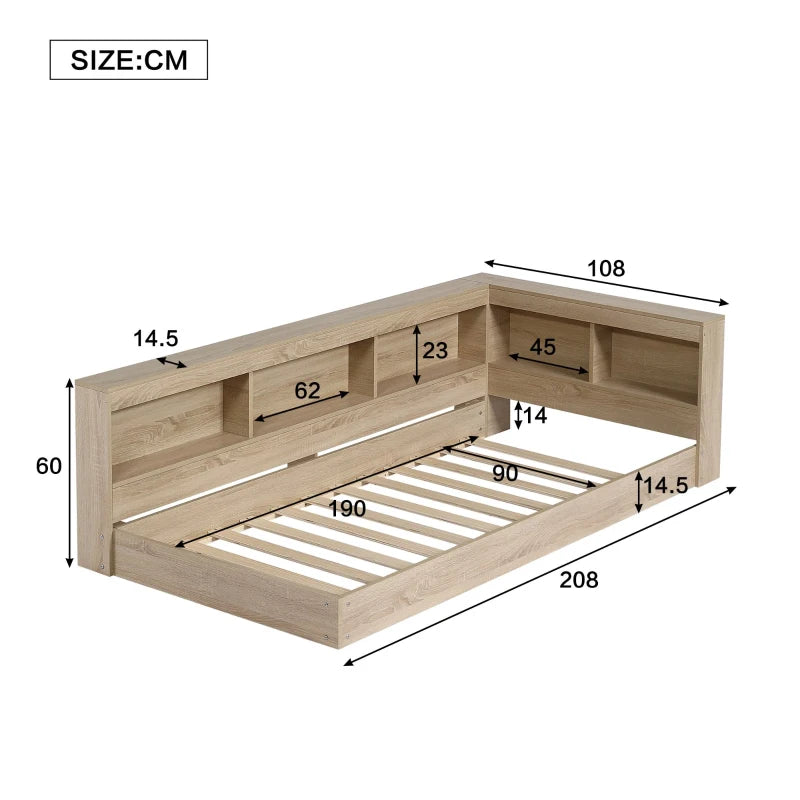 3FT Single Bed Frame with Storage Durable MDF Plywood Wooden Design for Adults Teens White Oak