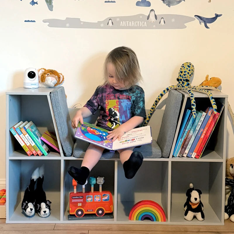 Kids Bookcase Shelf Storage Cabinet - Grey Living Room Sideboard with 6 Compartments for Toys & Books Organization