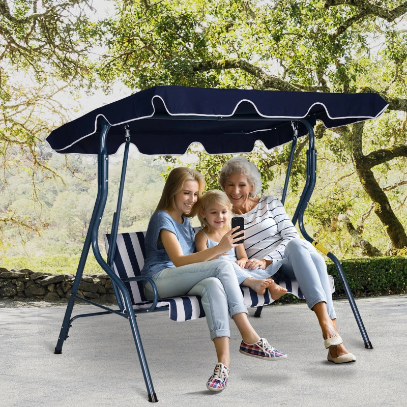 Blue Striped 3-Seater Outdoor Swing Chair with Adjustable Canopy