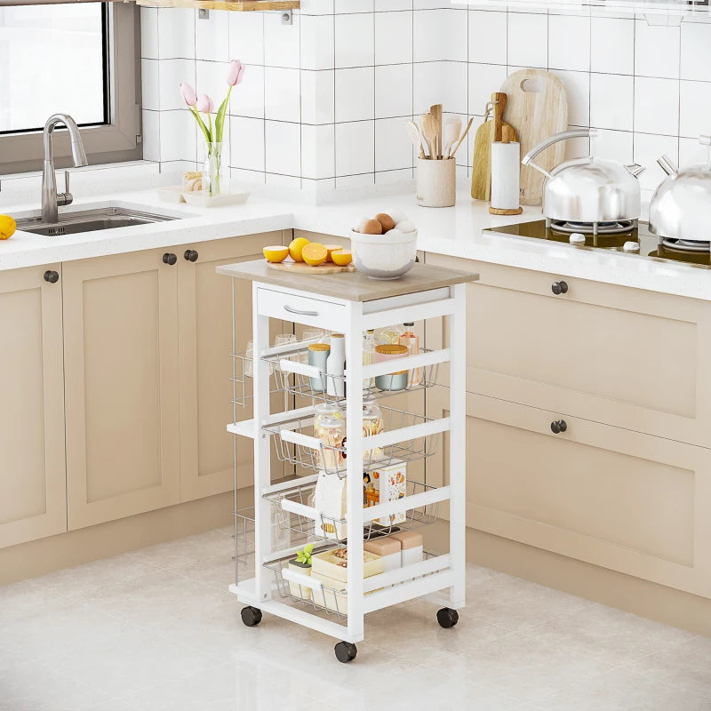 Rolling Kitchen Cart with 4 Basket Drawers & Side Racks - Utility Storage on Wheels for Dining Room - Natural & White