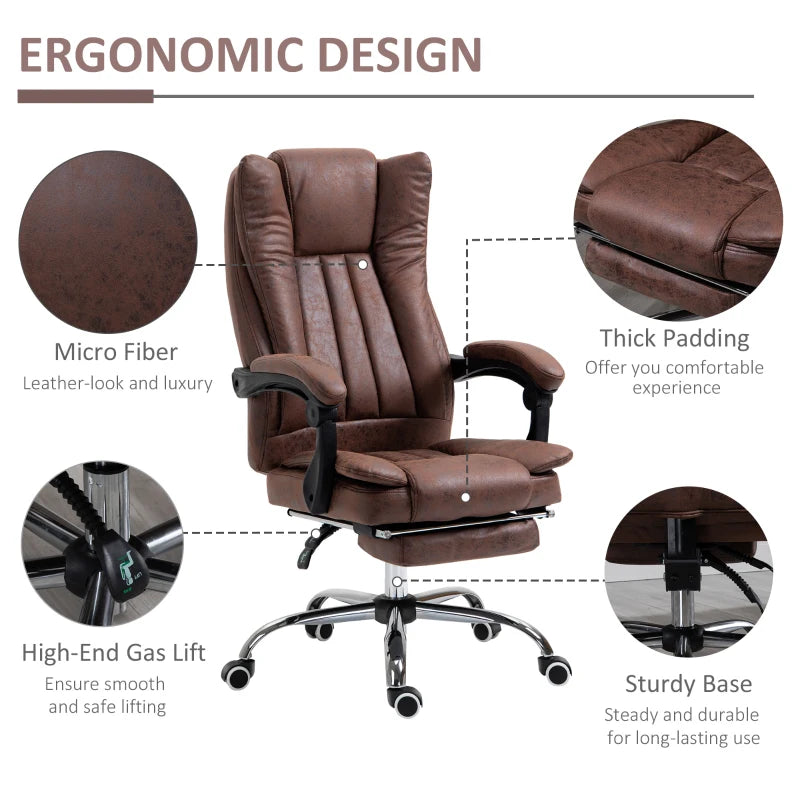 Vinsetto Brown Microfibre Home Office Chair - Reclining Desk Chair with Armrests, Swivel Wheels & Footrest
