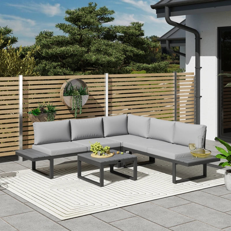 4-Piece Light Grey Outdoor Patio Garden Lounge Set With 5-Level Recline and Wood Grain Plastic Table
