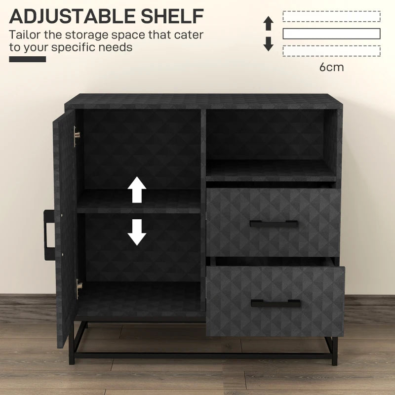Modern Black Sideboard Storage Cabinet with Adjustable Shelf, Open Compartment & 2 Drawers - Stylish Freestanding Furniture