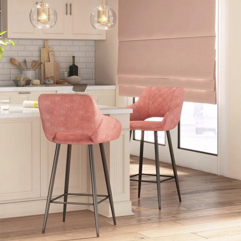 Set of 2 Pink Velvet-Feel Bar Stools - Stylish Modern Seating for Kitchen, Dining Room, or Home Bar