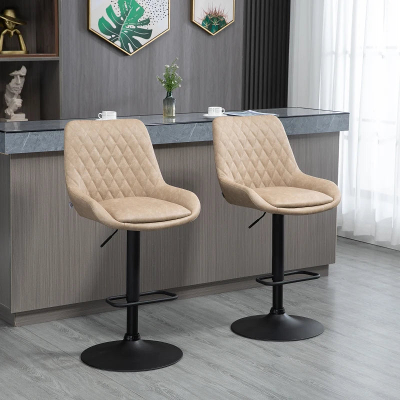 Retro Bar Stools Set of 2 - Adjustable Upholstered Kitchen Chairs with Back, Swivel Seat in Light Khaki