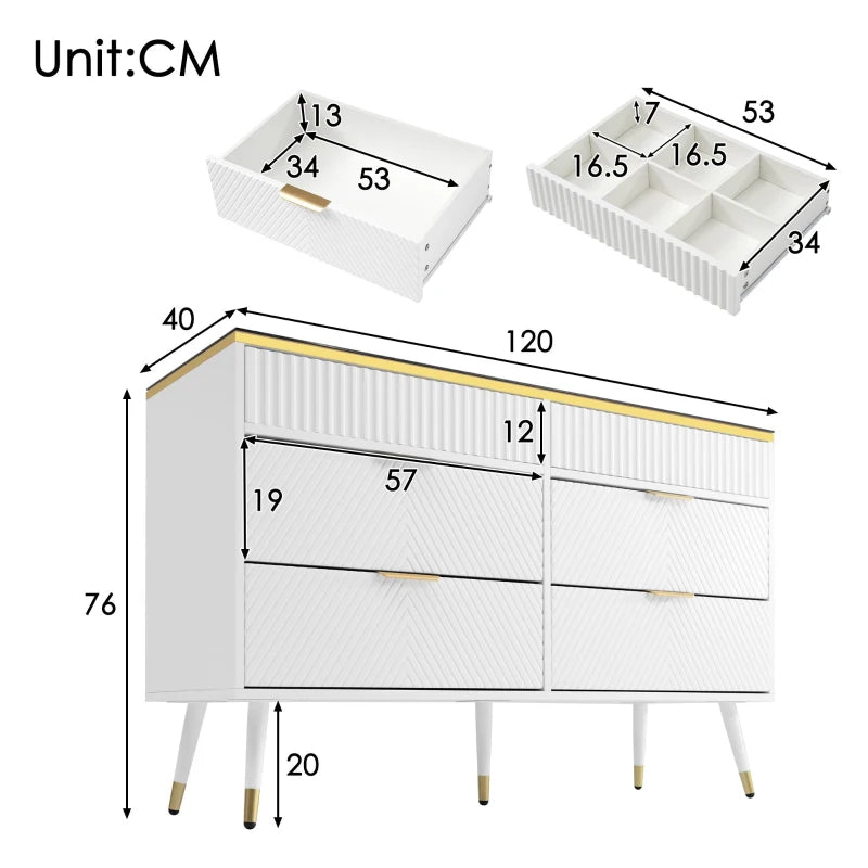 Modern Anti-Tip Sideboard Cabinet with 6 Drawers - Amber Glass & Wood Storage Chest for Living Room - 120x40x76 cm, White