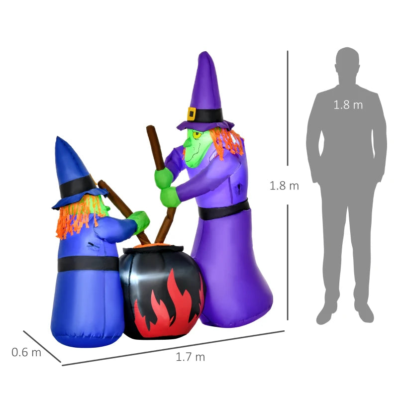1.8m Inflatable Halloween Lawn Decoration - LED Witches & Black Cauldron Outdoor Air Blown Holiday Decor