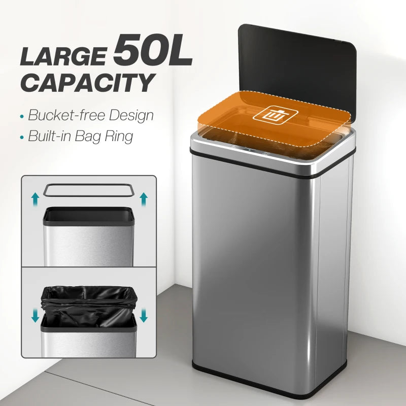 50L Touchless Sensor Bin with Soft-Close Lid - Fingerprint Resistant Stainless Steel Trash Can for Home, Office & Gym - Silver