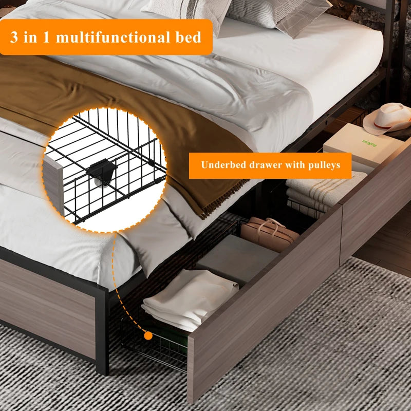 Metal Single Bed with LED Light Strip, 4 Drawers & 3 USB Ports - Stylish Grey Bedroom Furniture, 207x90.5x105 cm