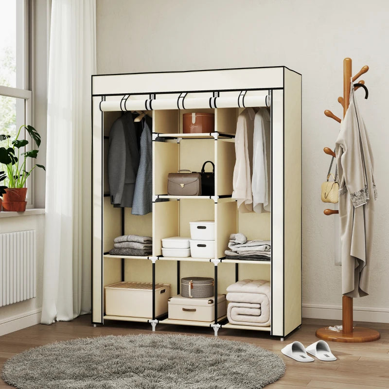 Stylish Cream White Fabric Wardrobe with Rails and Shelves for Organized Storage