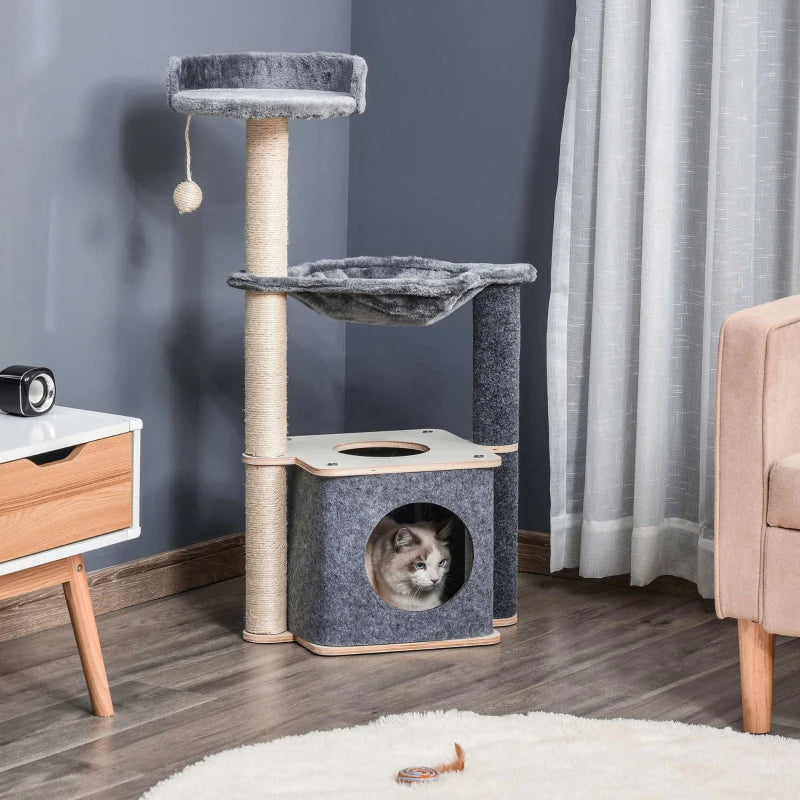 95cm Cat Tree for Indoor Cats - Climbing Tower with Scratching Post, Condo, Hammock & Hanging Toy - Grey