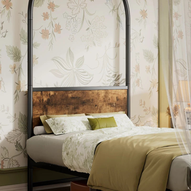 Durable Metal Canopy Bed Frame with Wood Headboard - Easy Self-Installation, Black, 195L x 90.5W x 192H cm