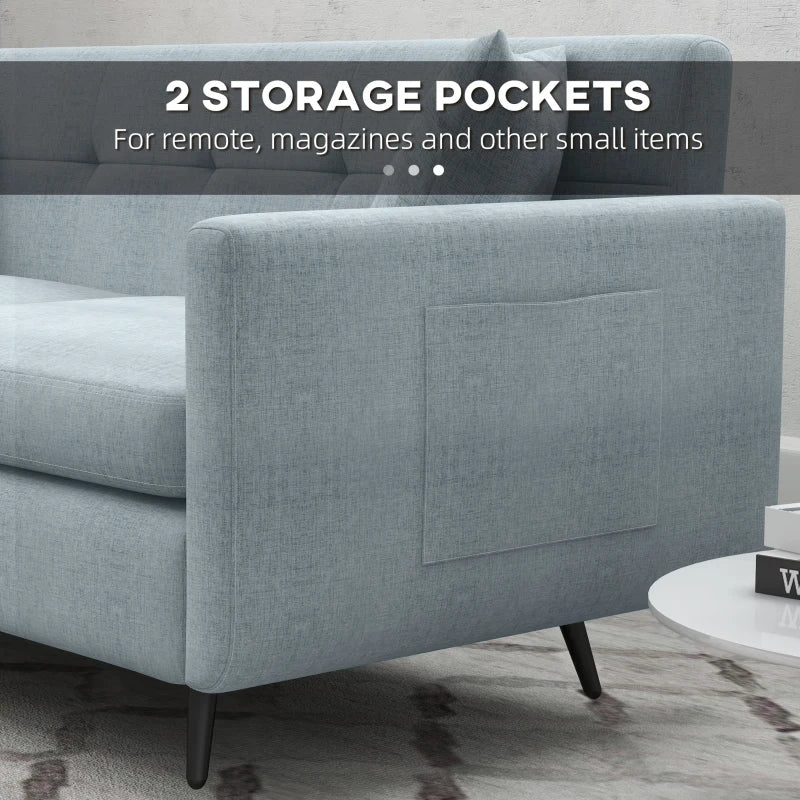 Modern 165cm 3-Seater Sofa for Living Room, Tufted Fabric Couch with Steel Legs and Storage Pockets, Blue