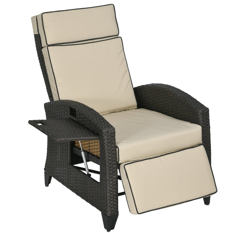 Khaki Outdoor Recliner Chair with Adjustable Backrest, Footrest, Cushion & Side Tray