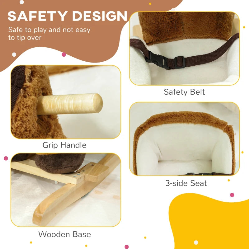 Plush Rocking Horse for Kids with Sound Wooden Base Ride On Toy for Ages 18 to 36 Months Brown