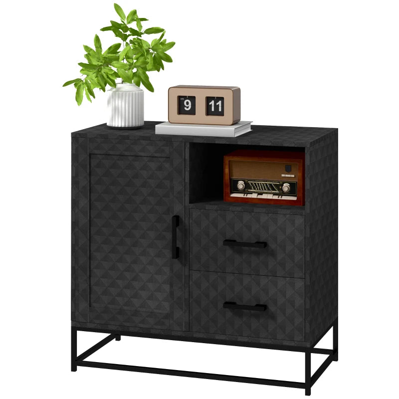 Modern Black Sideboard Storage Cabinet with Adjustable Shelf, Open Compartment & 2 Drawers - Stylish Freestanding Furniture
