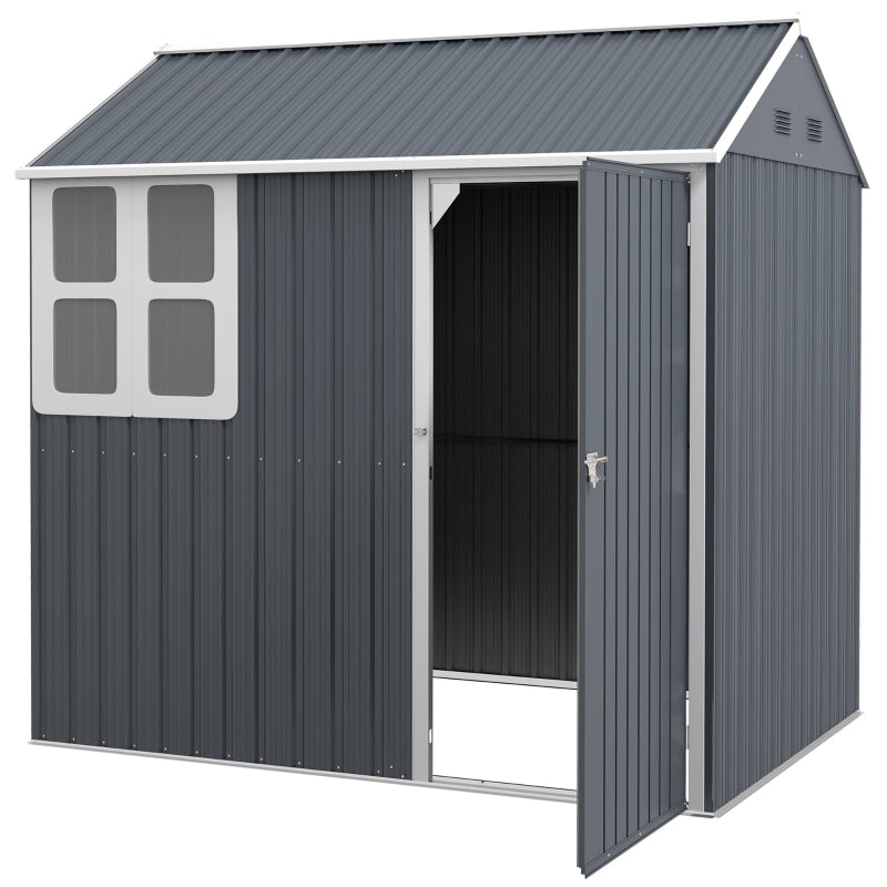 7x6ft Dark Grey Galvanised Garden Shed with Latch - Durable Outdoor Storage Solution