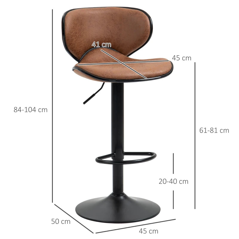 Adjustable Height Bar Stool Set of 2 - Brown Microfiber Swivel Armless Chairs for Kitchen & Dining