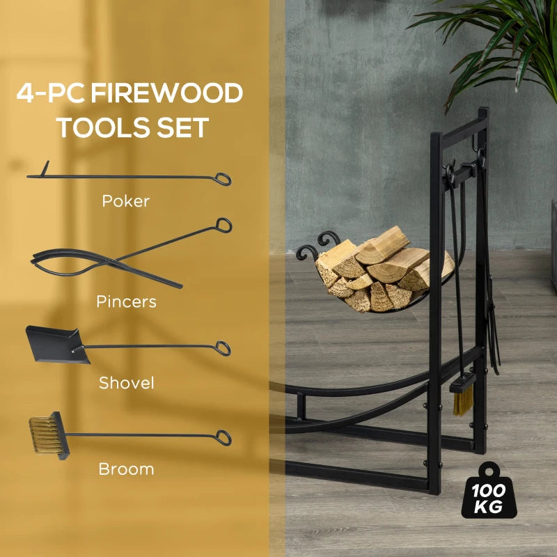 Metal Firewood Log Holder Rack - 2 Tier Indoor Outdoor Fireplace Storage with Tools & Hooks, Black, 84W x 33D x 76H cm