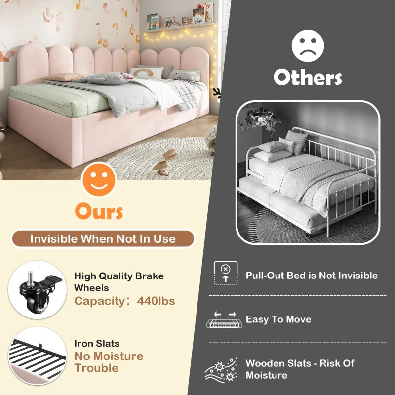 Pink Upholstered Daybed with Pull-Out Bed, 3FT Single Sofa Bed, Metal Slatted Frame, Easy Assembly, 193L x 97W x 76H cm