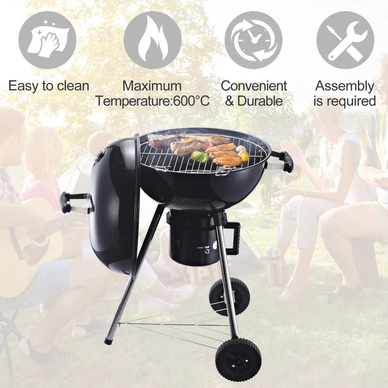 Black Steel Charcoal BBQ Grill with Wheels