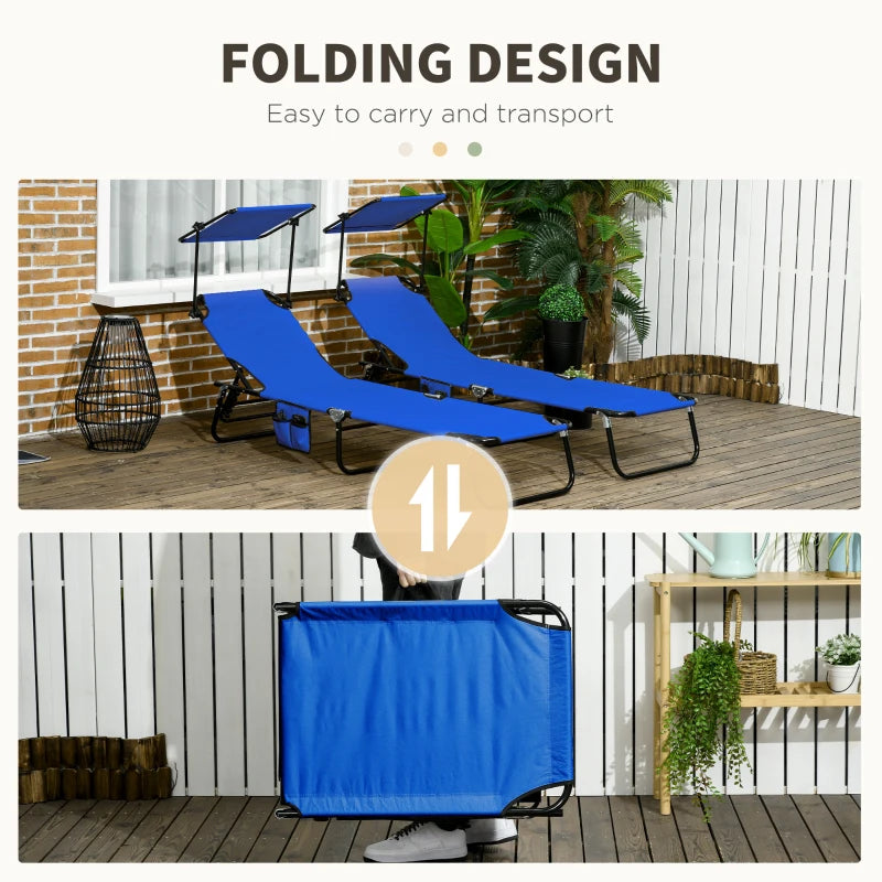 2 Piece Blue Folding Sun Loungers with Canopy - Adjustable Recliner Garden Chairs with Side Pocket, Steel Frame and Breathable Mesh for Outdoor, Pool, Beach, Garden