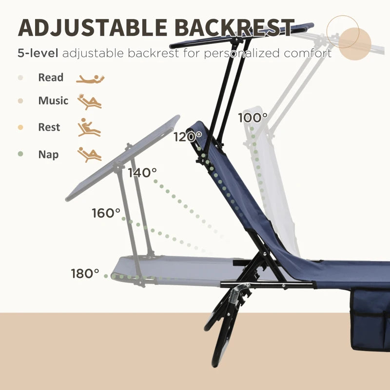 2 Piece Dark Blue Folding Sun Loungers with Canopy - Adjustable Recliner Garden Chairs with Side Pocket, Steel Frame and Breathable Mesh for Outdoor, Pool, Beach, Garden