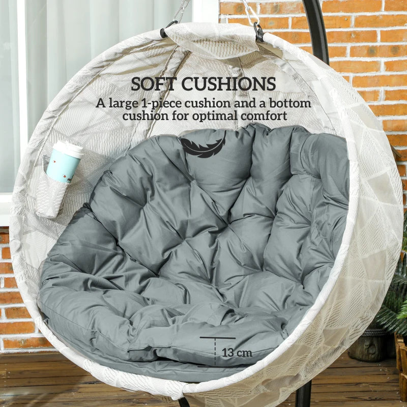 Hanging Egg Chair - Grey Outdoor Indoor Garden Swing Chair with Folding Basket, Stand, Thickened Cushion & Cup Holder - Perfect for Patio & Balcony