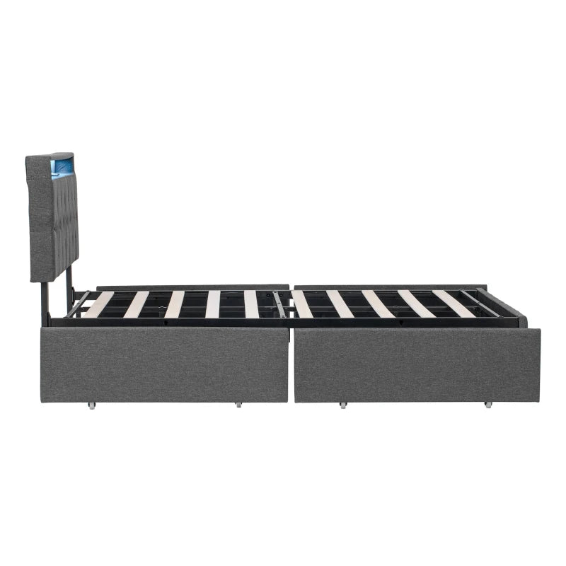 Modern Grey Double Upholstered Bed with Storage Drawers & Adjustable Button Tufted Headboard - 200L x 142W x 109H cm