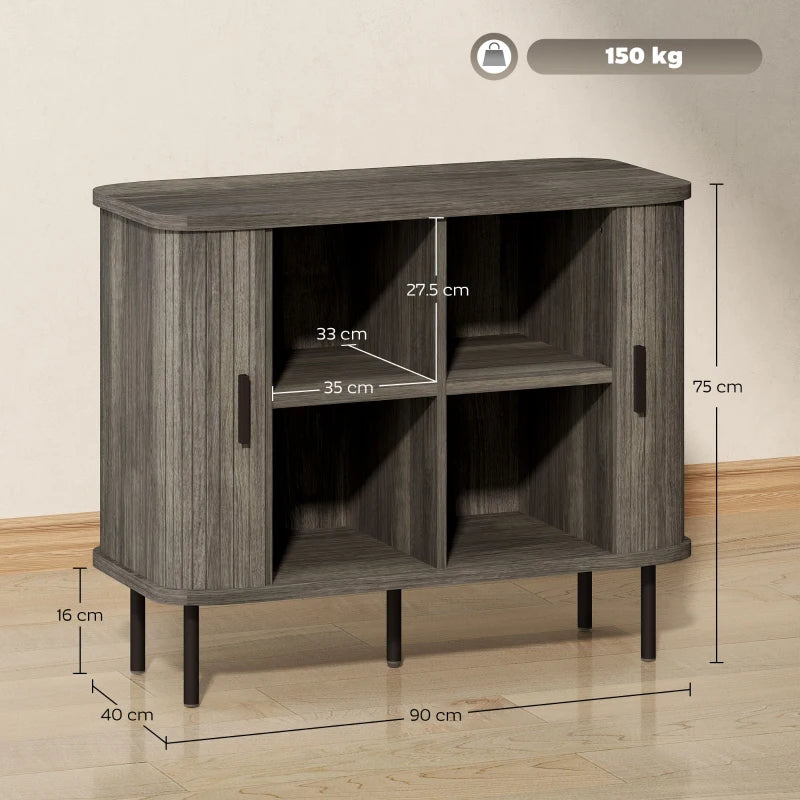 Mid-Century Modern Sideboard Storage Cabinet with Slatted Tambour Doors & Steel Legs - Stylish Grey Kitchen Cabinet