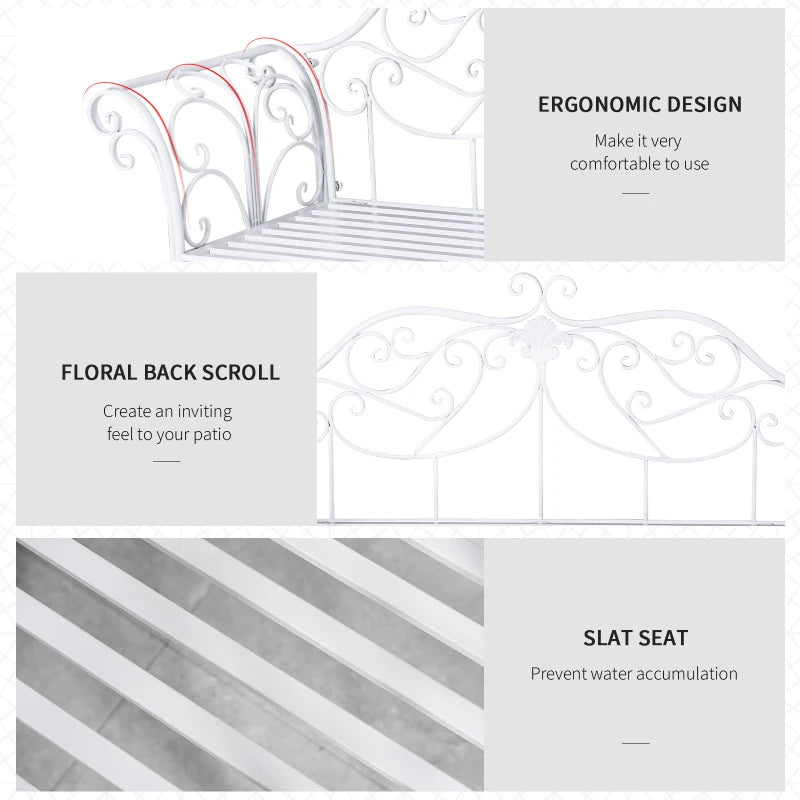 White Antique Garden Bench with Cast Iron Backrest - 2 Seater Outdoor Chair