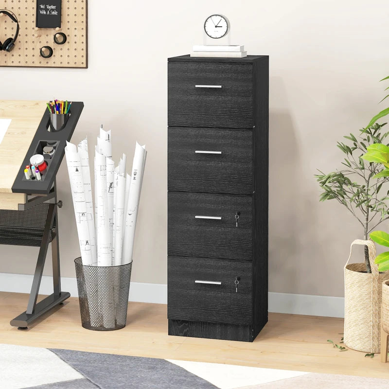 Stylish Black Wood Effect Four-Drawer Lockable Filing Cabinet for Secure Document Storage - Ideal for Home or Office