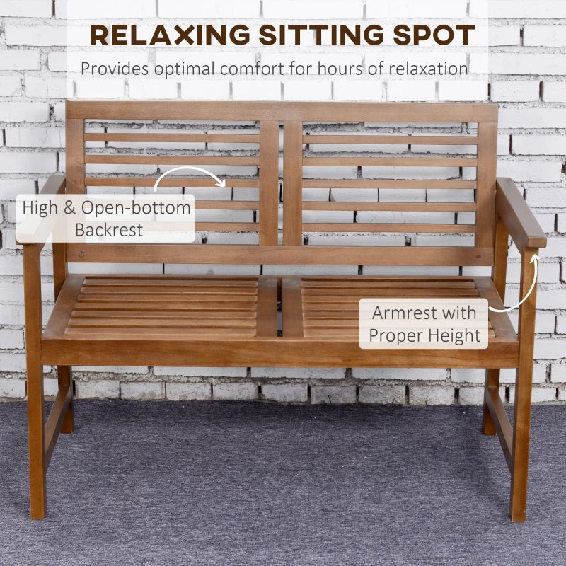 Brown Wooden Outdoor Patio Loveseat Bench with Backrest and Armrest